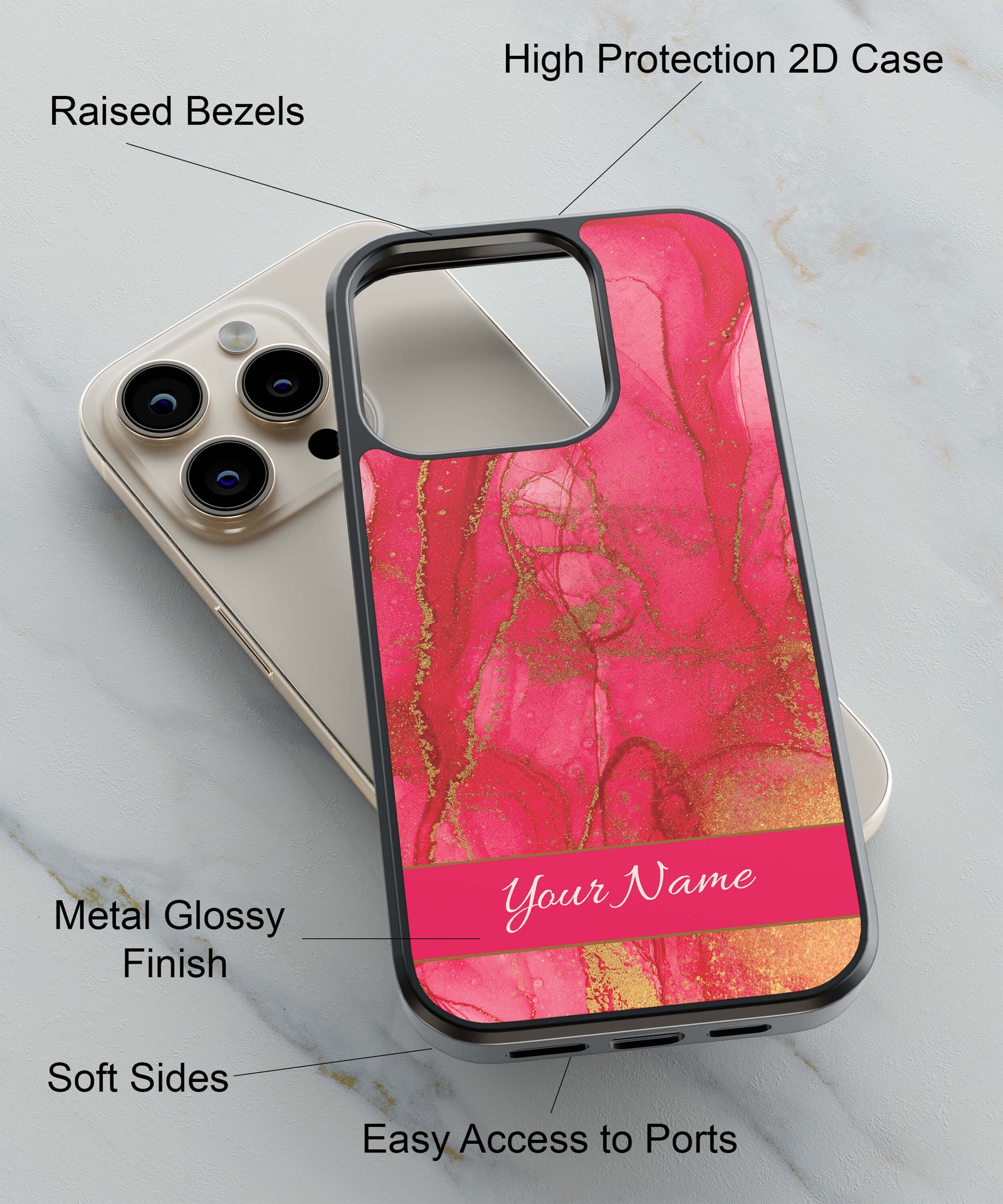 Hot Pink Marble with Name Back Cover for 2D Hybrid TPU And Metal CaseIK5010Hybrid Metal TPU-Image 2