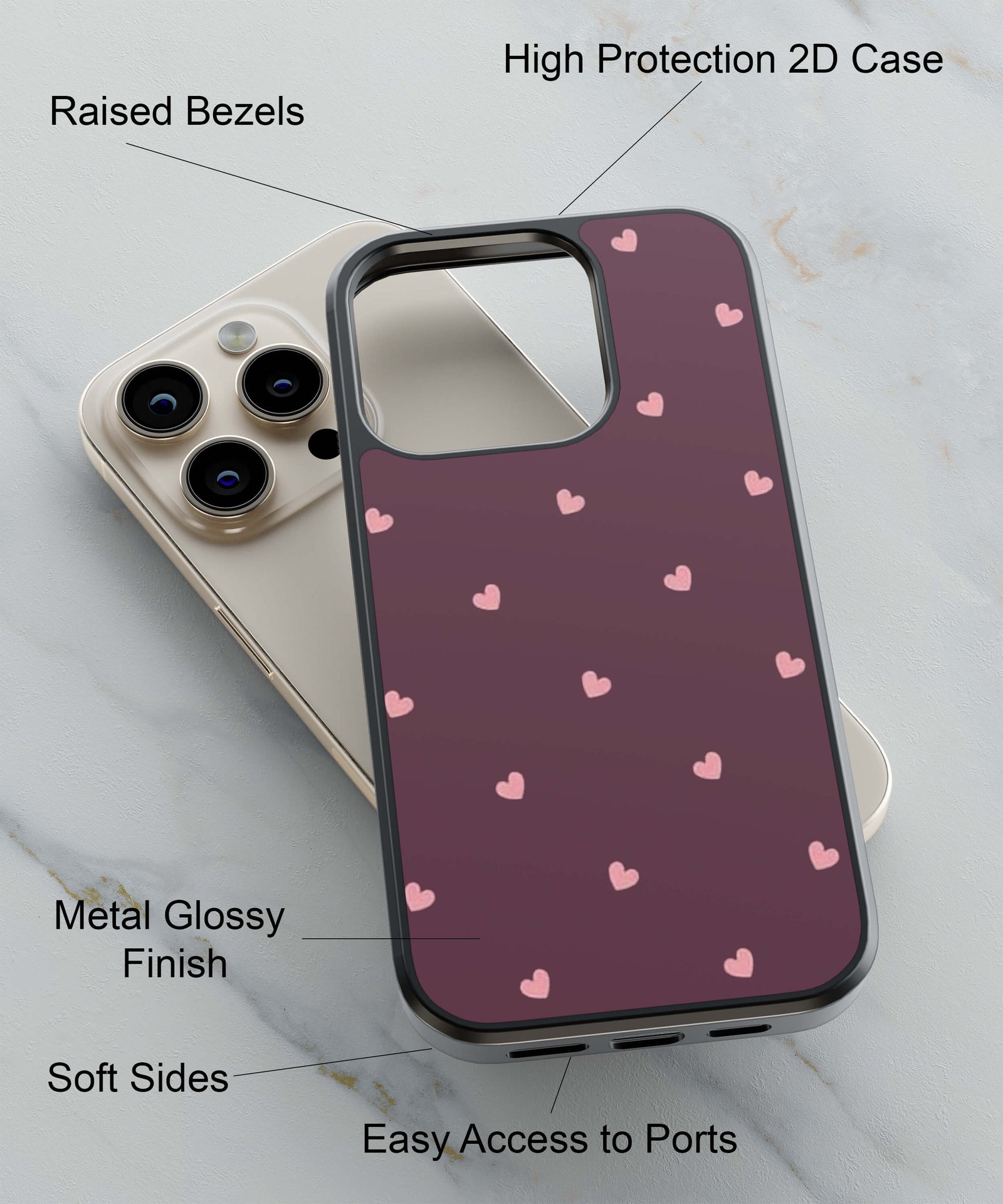 Pink Heart Back Cover for 2D Hybrid TPU And Metal CasePS1307Hybrid Metal TPU-Image 2