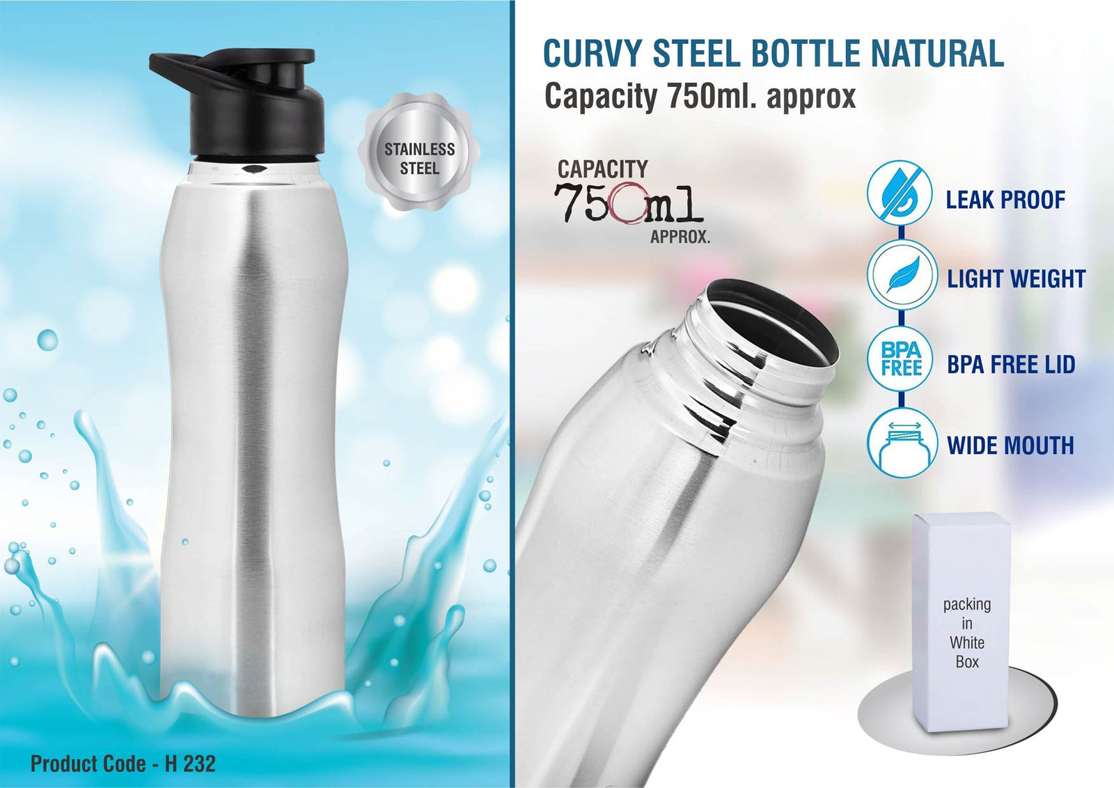 Curvy Steel Bottle - Natural Silver, 750ml - product image 2