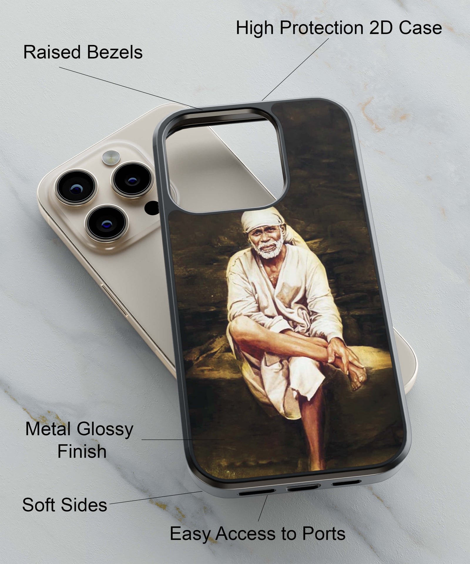 Sai Baba Sitting On Stone Back Cover for 2D Hybrid TPU And Metal CaseD1542Hybrid Metal TPU-Image 2