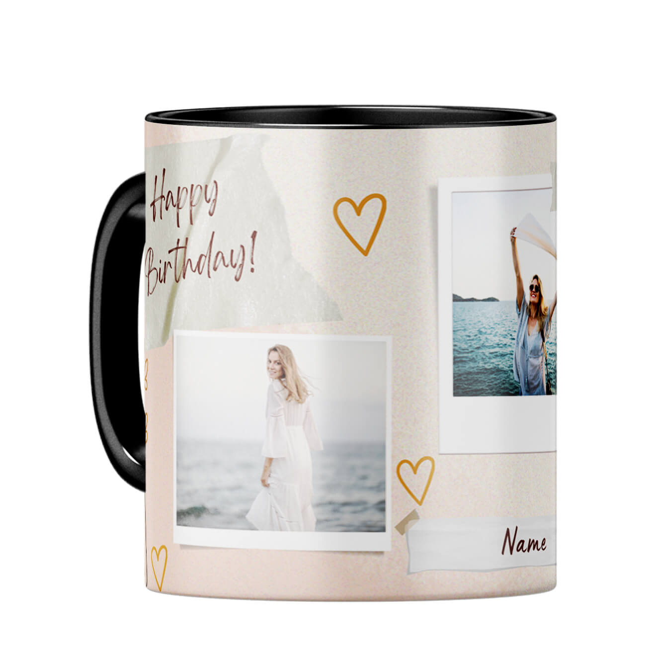 Happy Birthday Three Photos and Name Coffee Mug Black