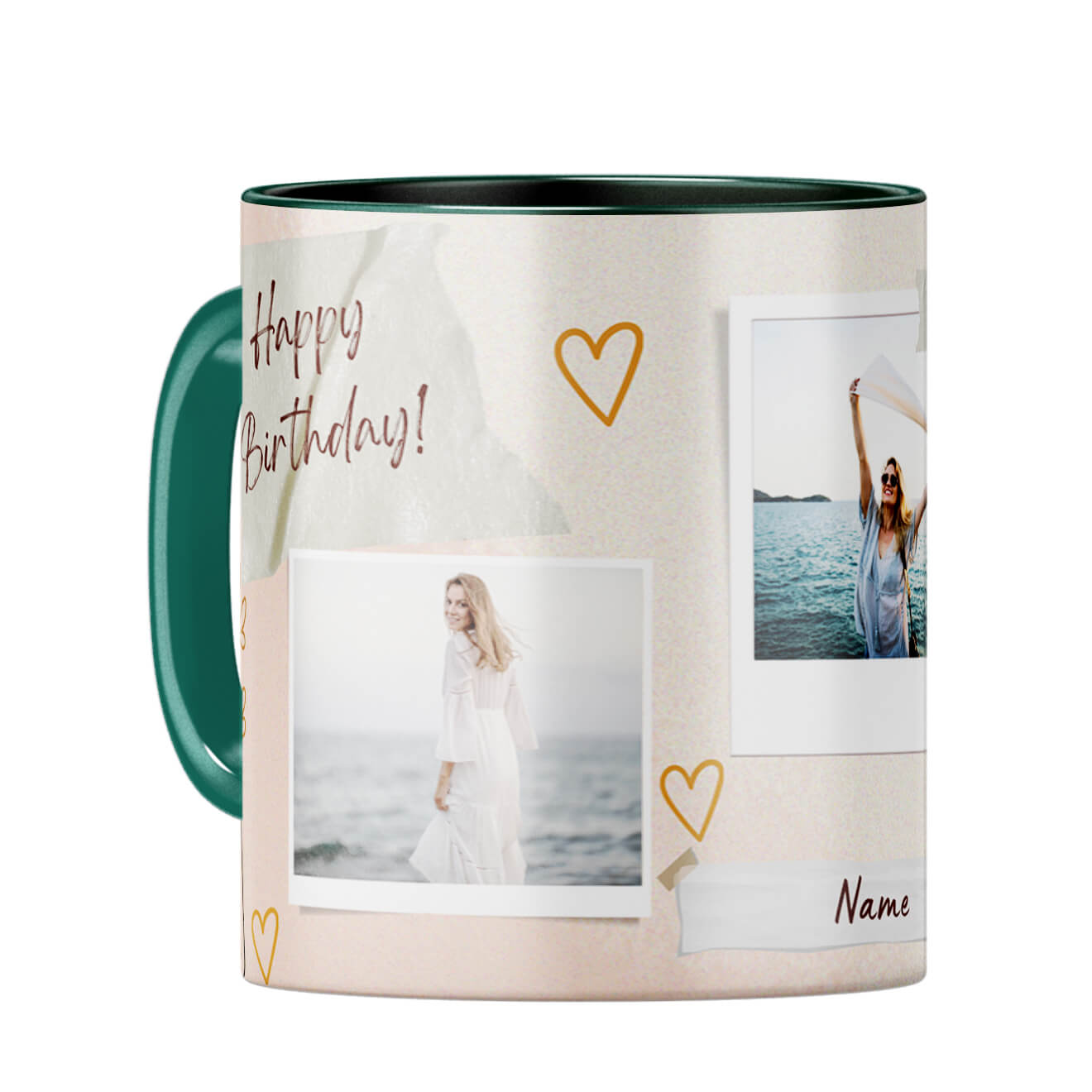 Happy Birthday Three Photos and Name Coffee Mug Dark Green