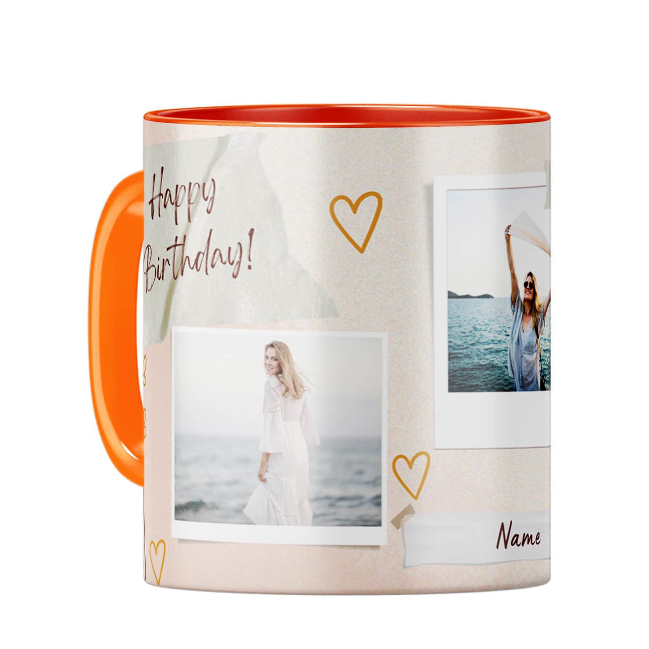Happy Birthday Three Photos and Name Coffee Mug Orange