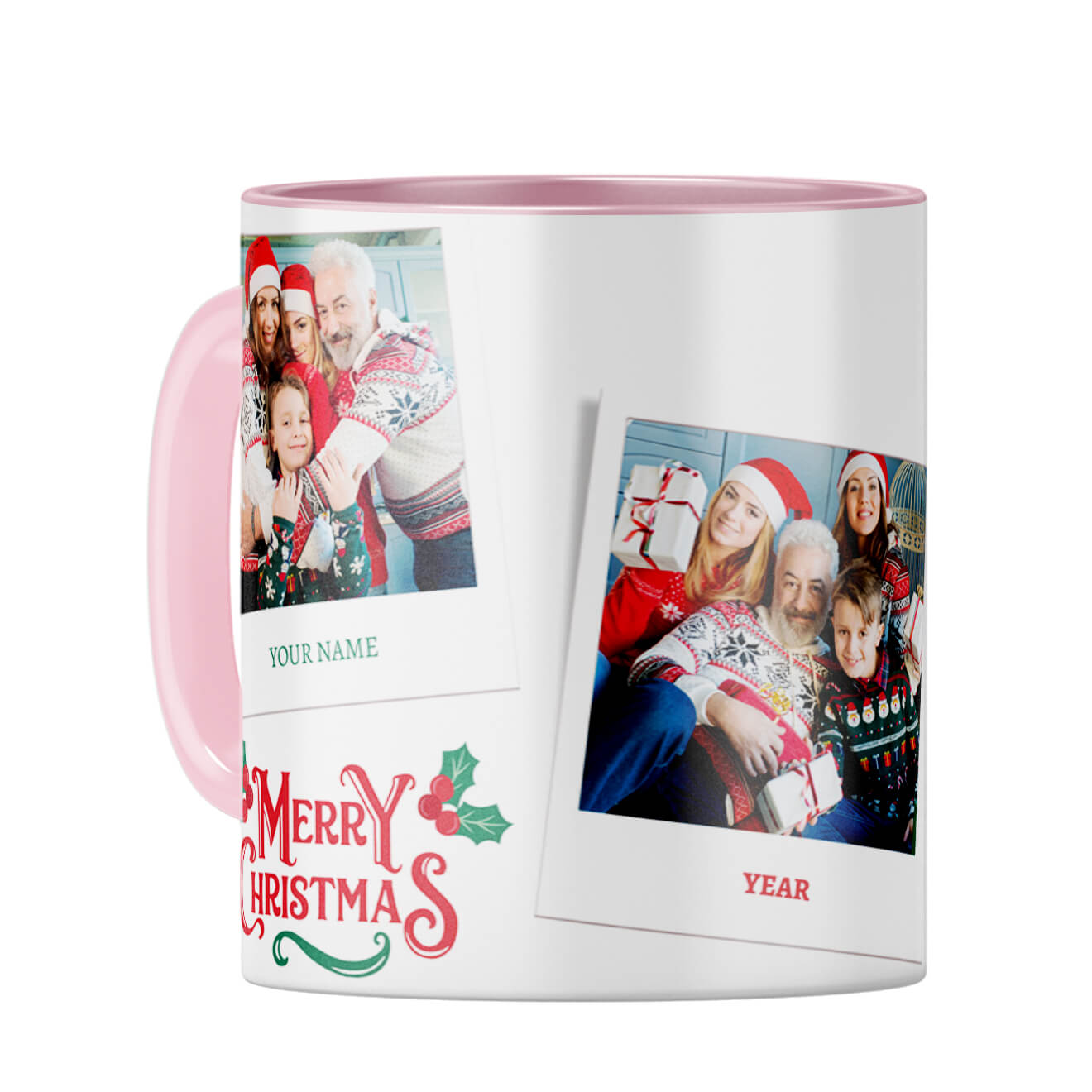 Merry Christmas With Name and Year Coffee Mug Pink