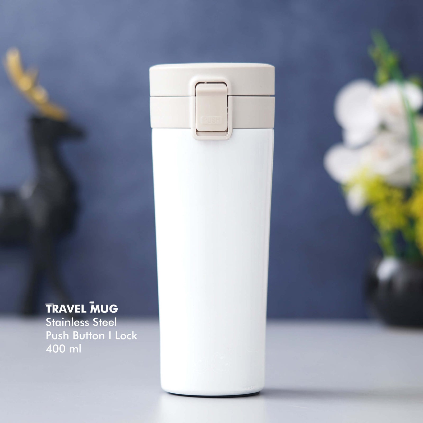 Personalized White Stainless Steel Travel Mug with Push Button & Lock - Stylish & Secure - product image 2