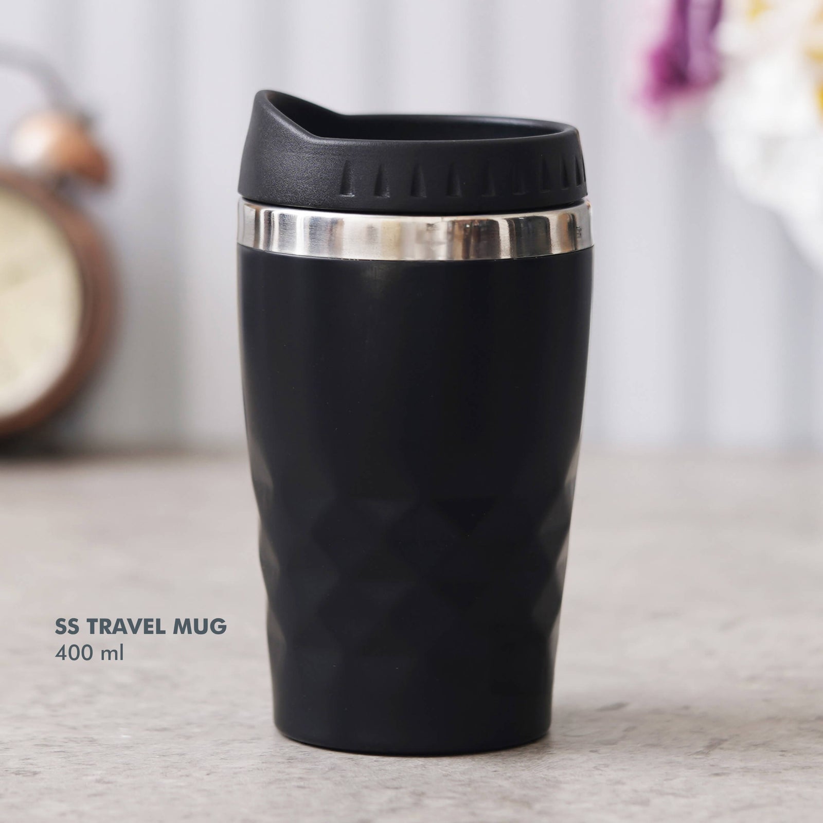 Sleek Black Stainless Steel Travel Mug with Slider Lid - 400 ML - corporate gift by YuBingo