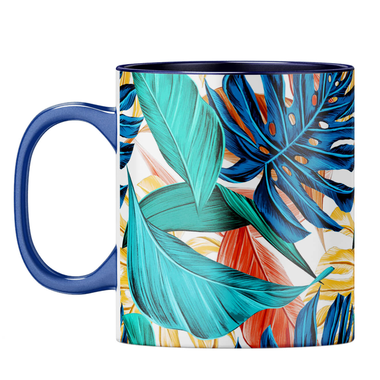 Tropical Leaves Designer Printed Coffee Mug Dark Blue