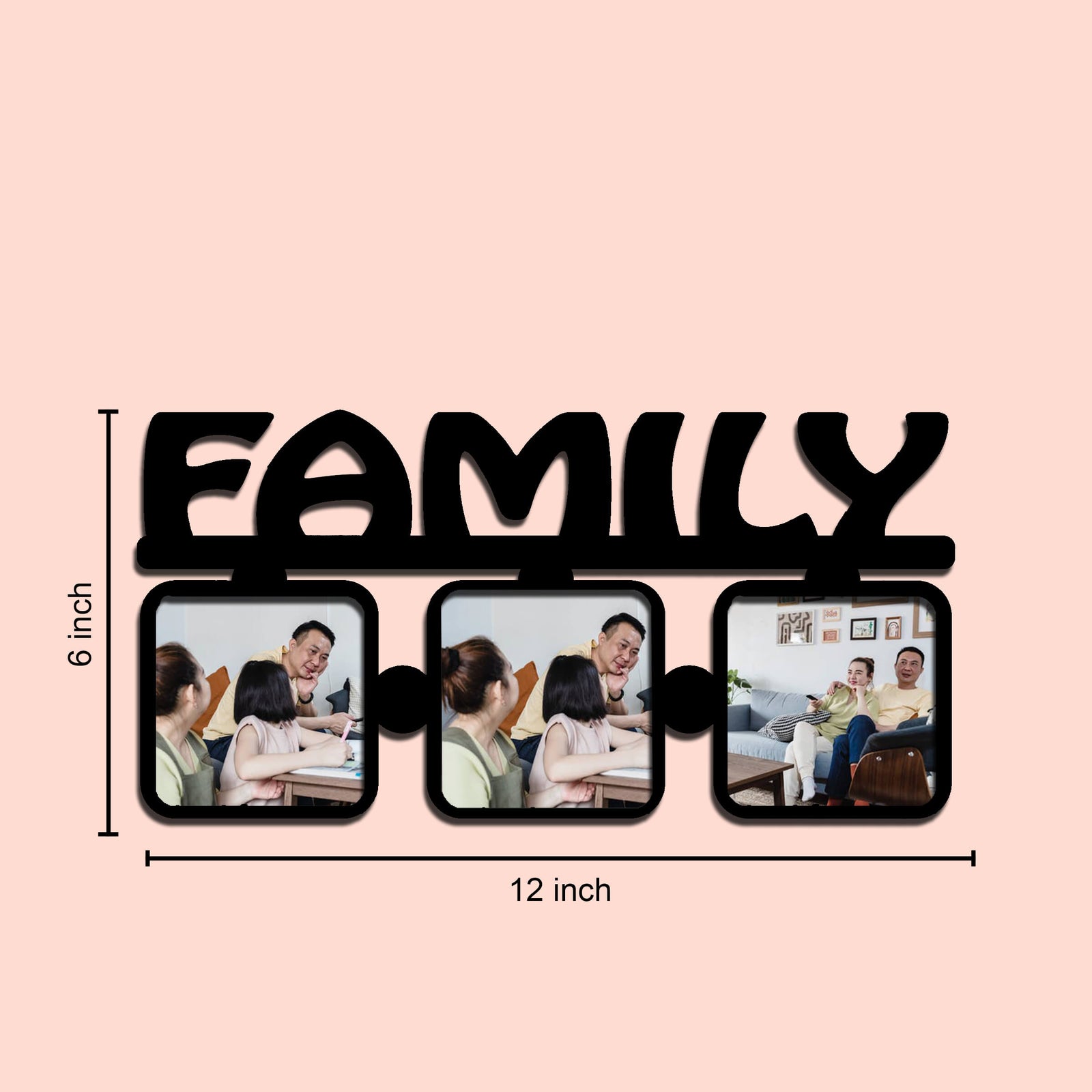 Laser Cut Photo Frame for Family Photos - 3 Photos, MDF Wood, 12x6 Inches - corporate gift by YuBingo