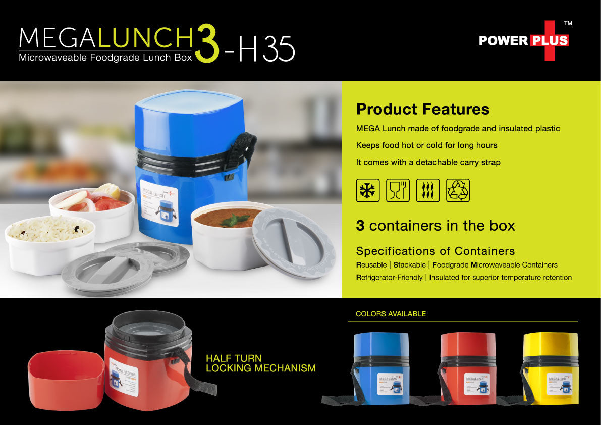 Power Plus Mega Lunch Box Microwaveable- 3 Box