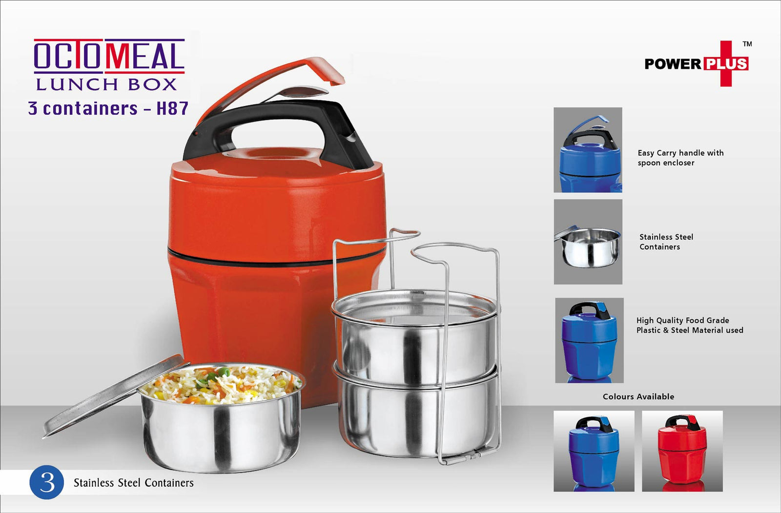 Octomeal Lunch Box - 3 Containers Steel, Available in Red and Blue