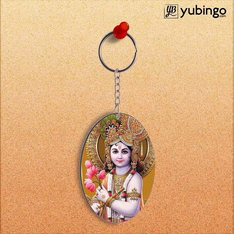 Krishna With Flowers Oval Key Chain-Image2