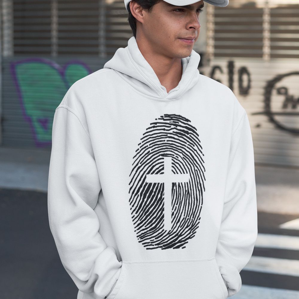 Cross on Finger Print Hoodie-White