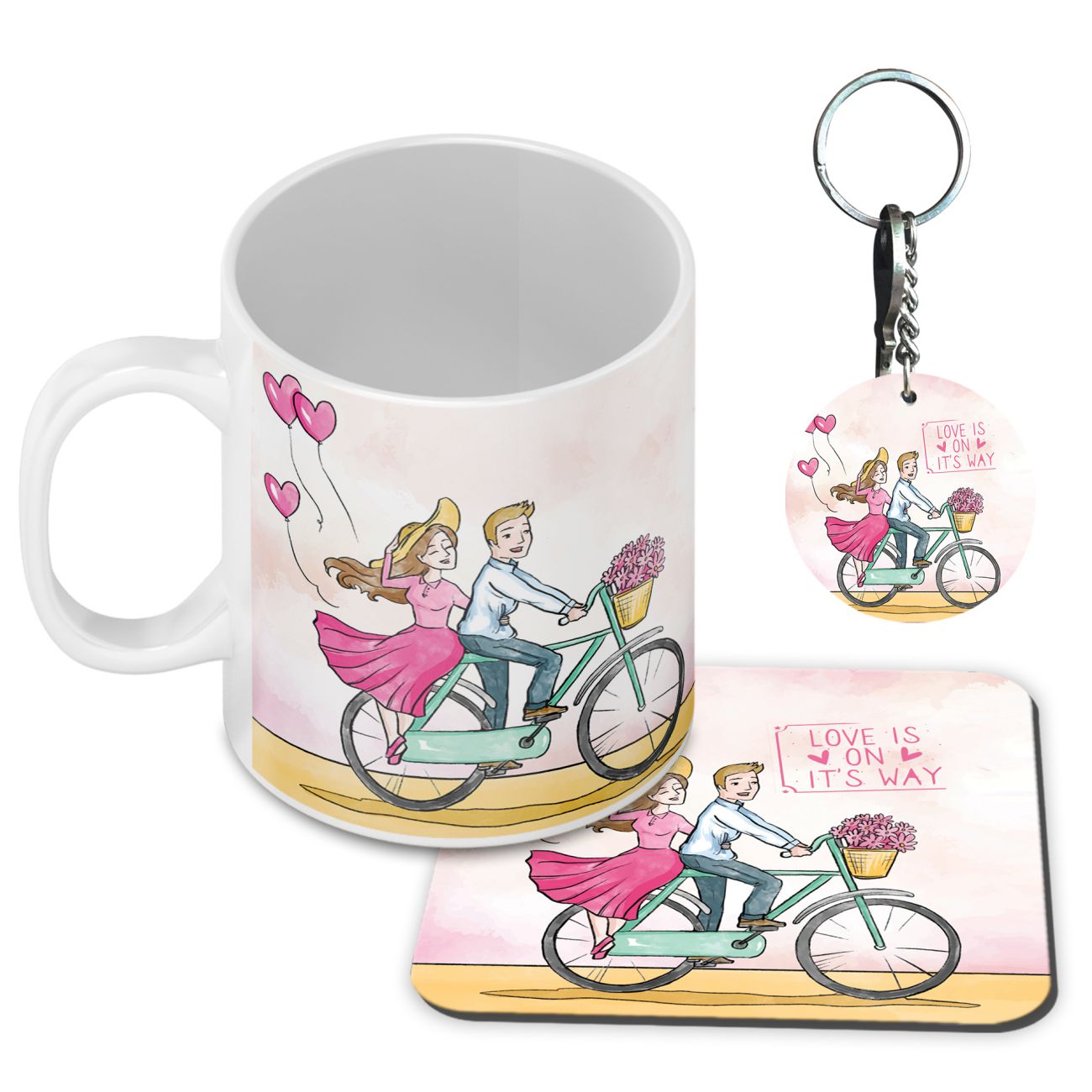 Love is on it's way Coffee Mug with Coaster and Keychain