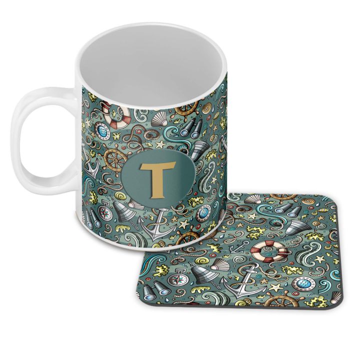 Sea Green Customised Alphabet Coffee Mug With Coaster