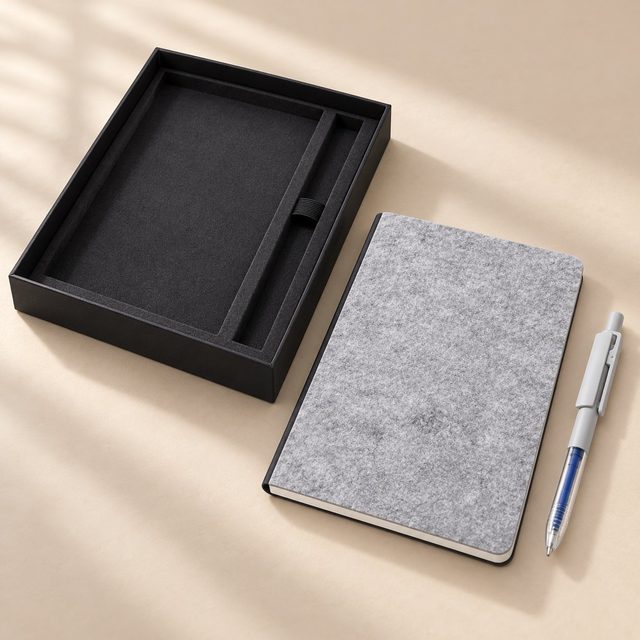 Grey felt notebook and gel pen