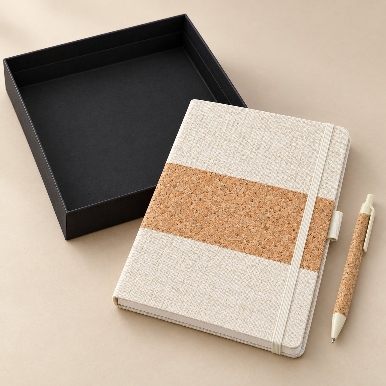 Click to zoom Linen A5 notebook with cork band and cork pen beside an open black gift box