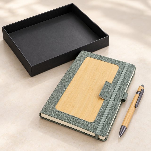 Grey A5 notebook with bamboo panel and bamboo pen beside an open black gift box