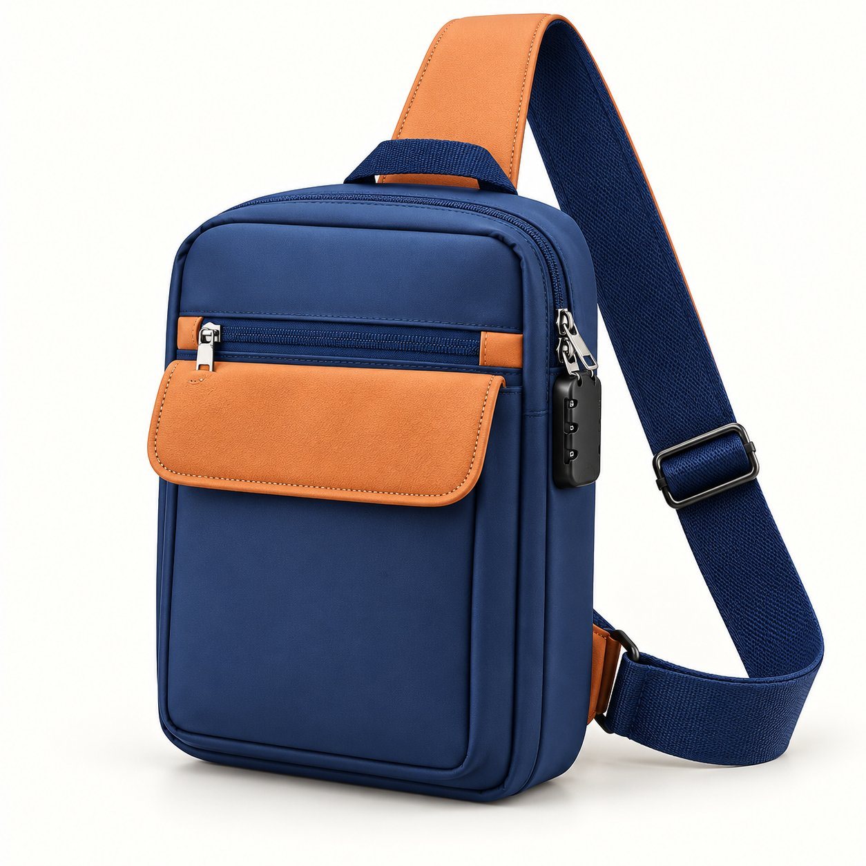 Click to zoom Navy travel sling bag with tan front flap, side lock and adjustable strap