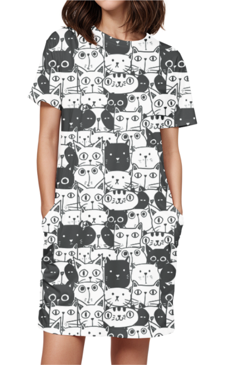 Vibrant Cats Design All-Over Print T-Shirt Dress for Women
