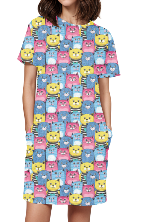 Chic &amp; Playful Cat Print T-Shirt Dress – Vibrant, Comfortable, and Practical