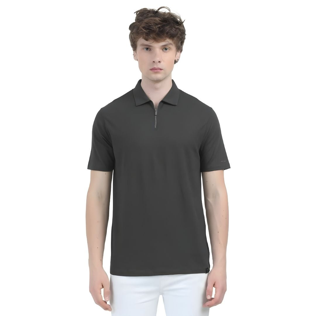 Rare Rabbit Vintage Zip Polo in dark grey – front view