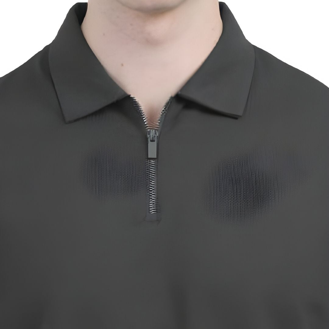 Close-up of Rare Rabbit Vintage Zip Polo zip collar in dark grey