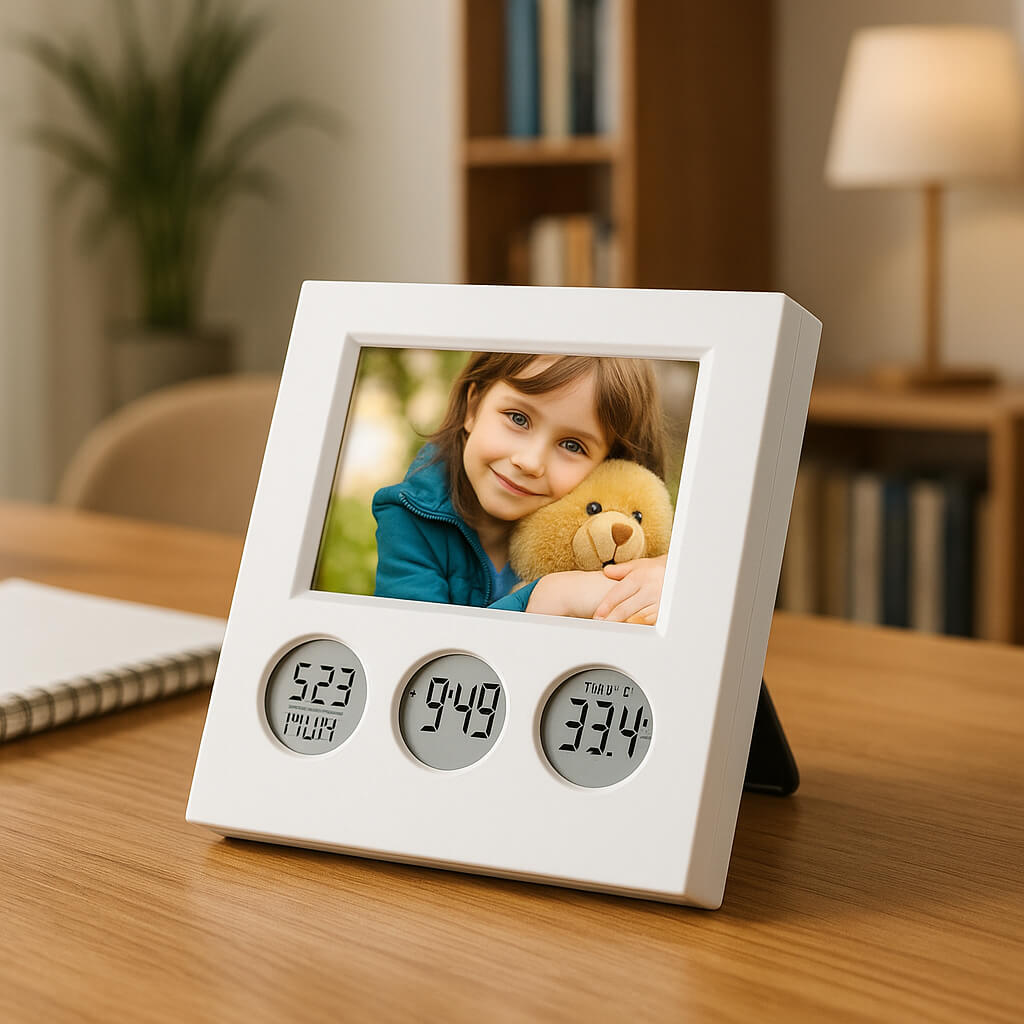 Modern bubble clock with photo frame, LCD time date temperature display