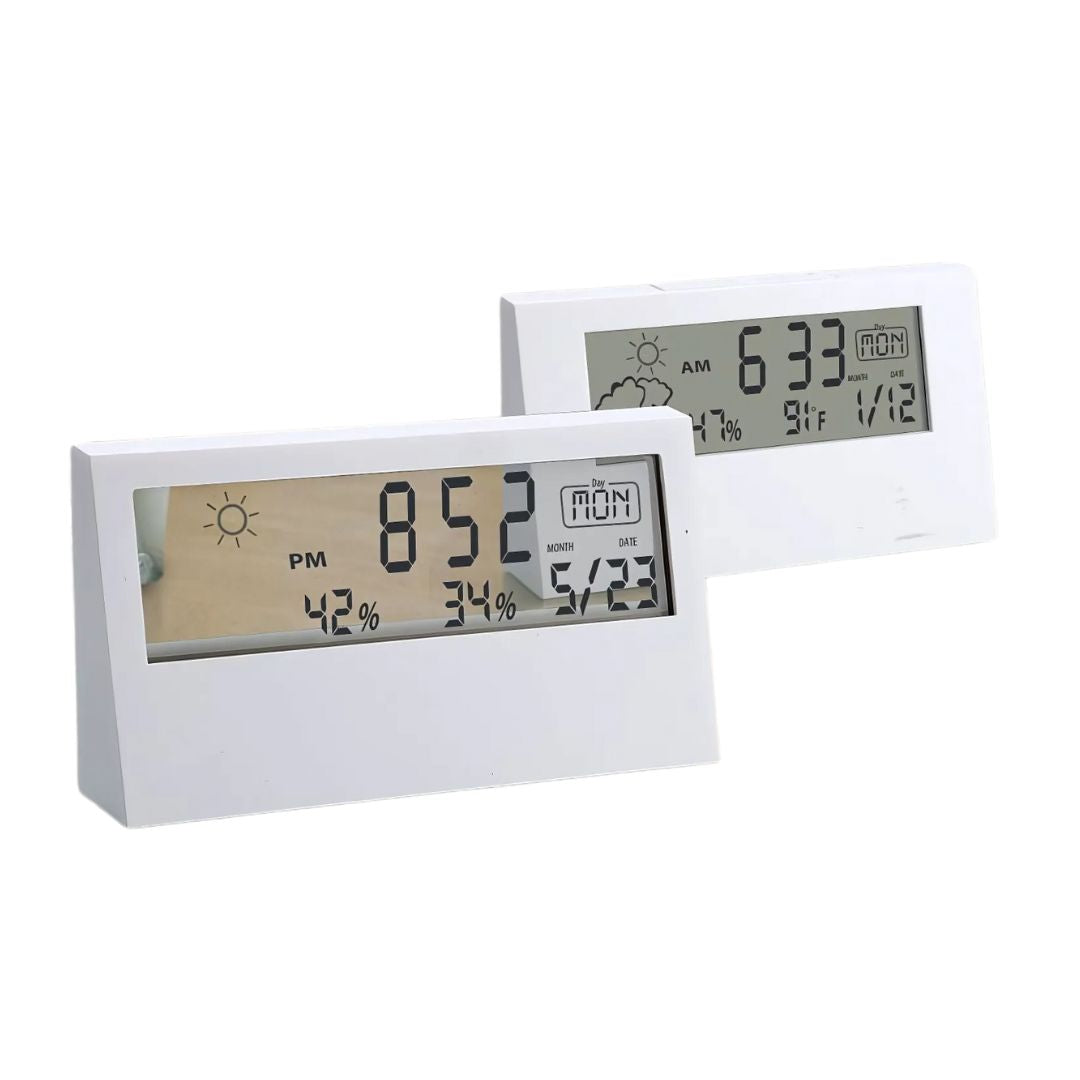 Lifestyle view of Sharp weather station clock on table with see-thru display