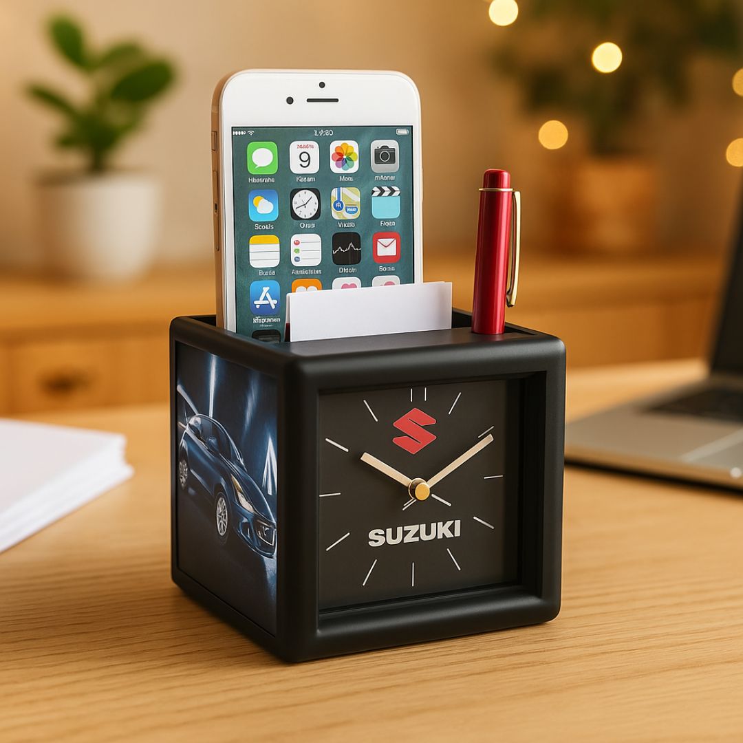 Table clock with pad, mobile holder, and pen holder – customizable corporate desk accessory with branding