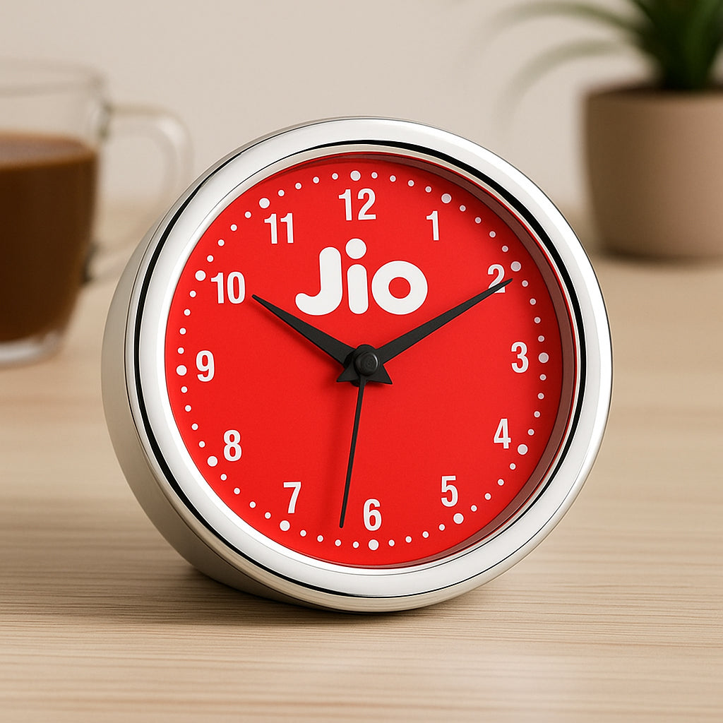 Round table clock with silver ring and red dial branding