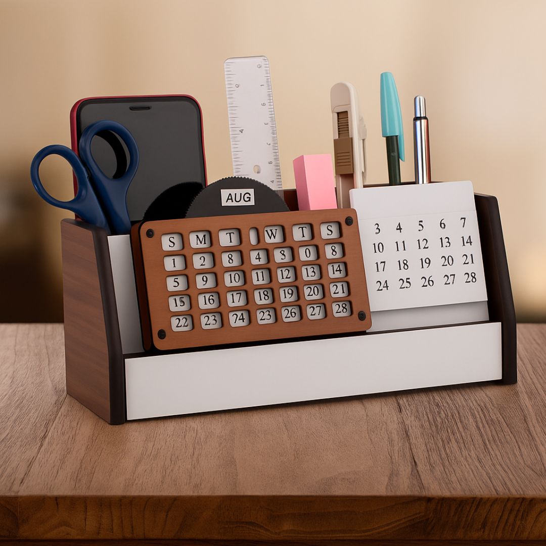 Wooden lifetime calendar desk organizer with pen, phone, and card holder – lifestyle view