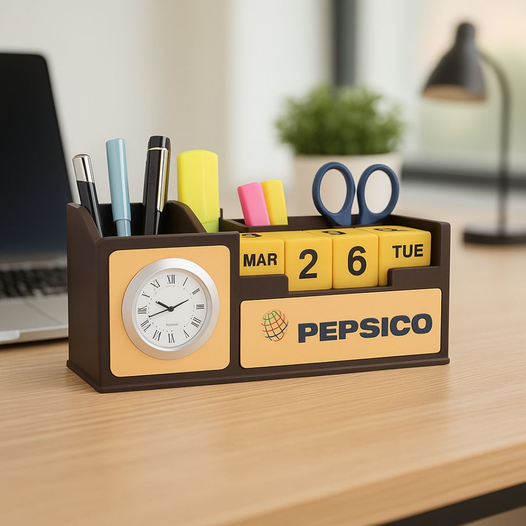 Lifestyle view of wooden desk organizer with clock, tumbler, pen holder, and perpetual calendar