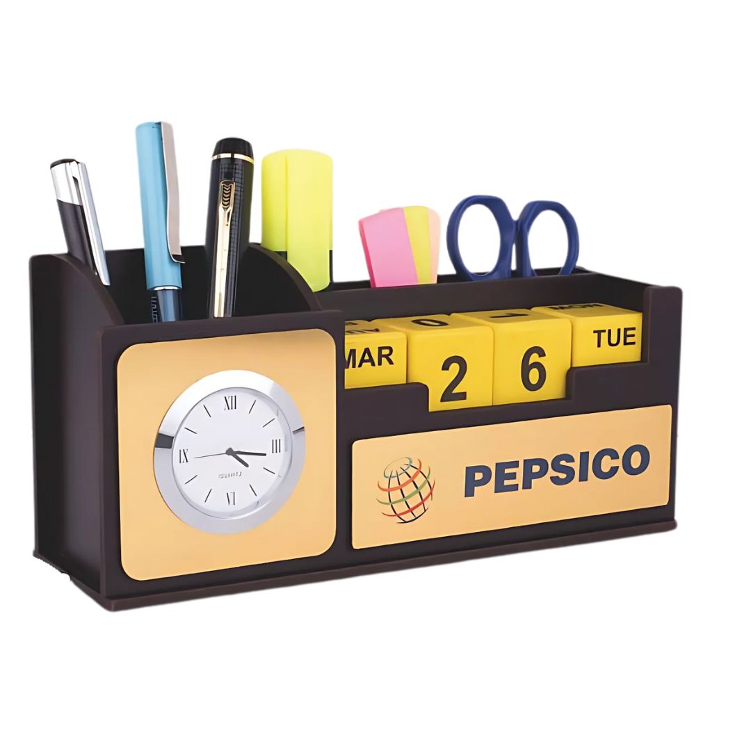 Lifestyle view of wooden desk organizer with clock, tumbler, pen holder, and perpetual calendar