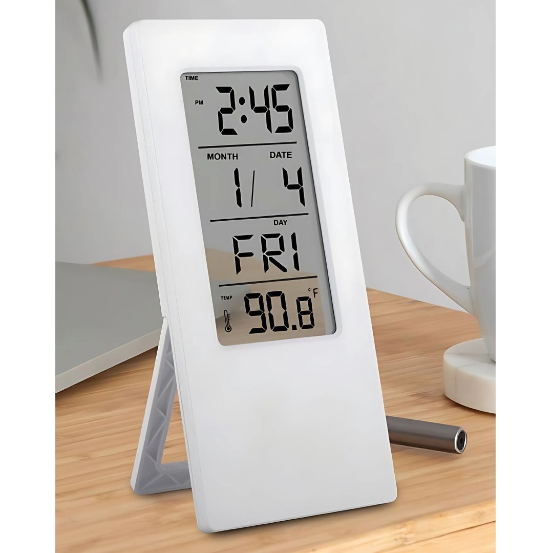 Digital see-thru table clock with LCD time, calendar, and temperature functions