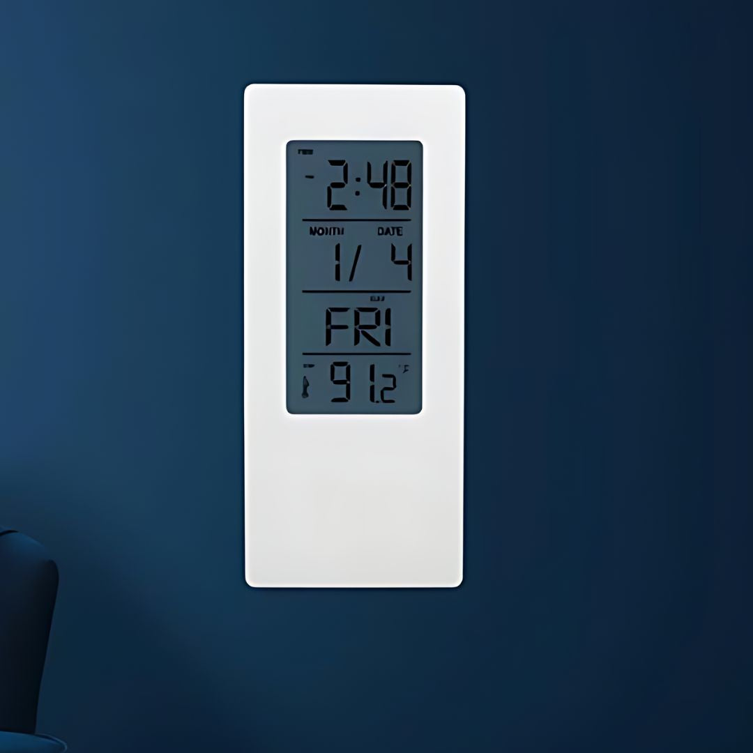 Digital see-thru table clock with LCD time, calendar, and temperature functions