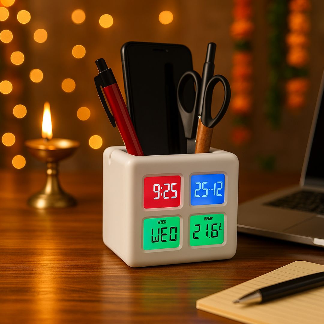 Multifunction magic table clock with color-changing display on wooden desk