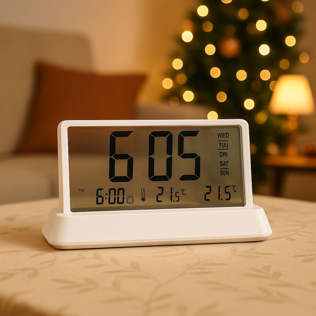 Axis see thru digital table clock with LCD display, calendar, temperature, and alarm snooze function