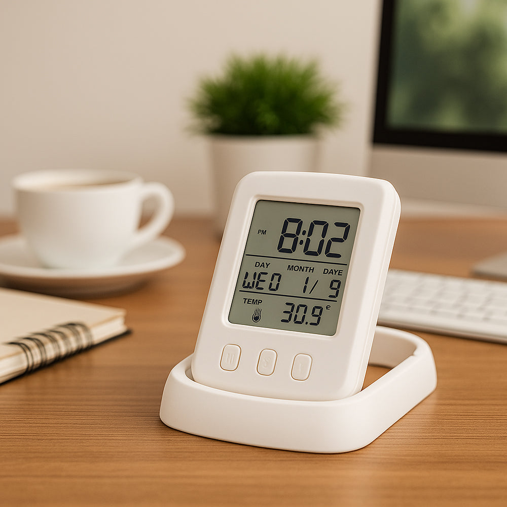 Digital folding table clock with time, date, and temperature display