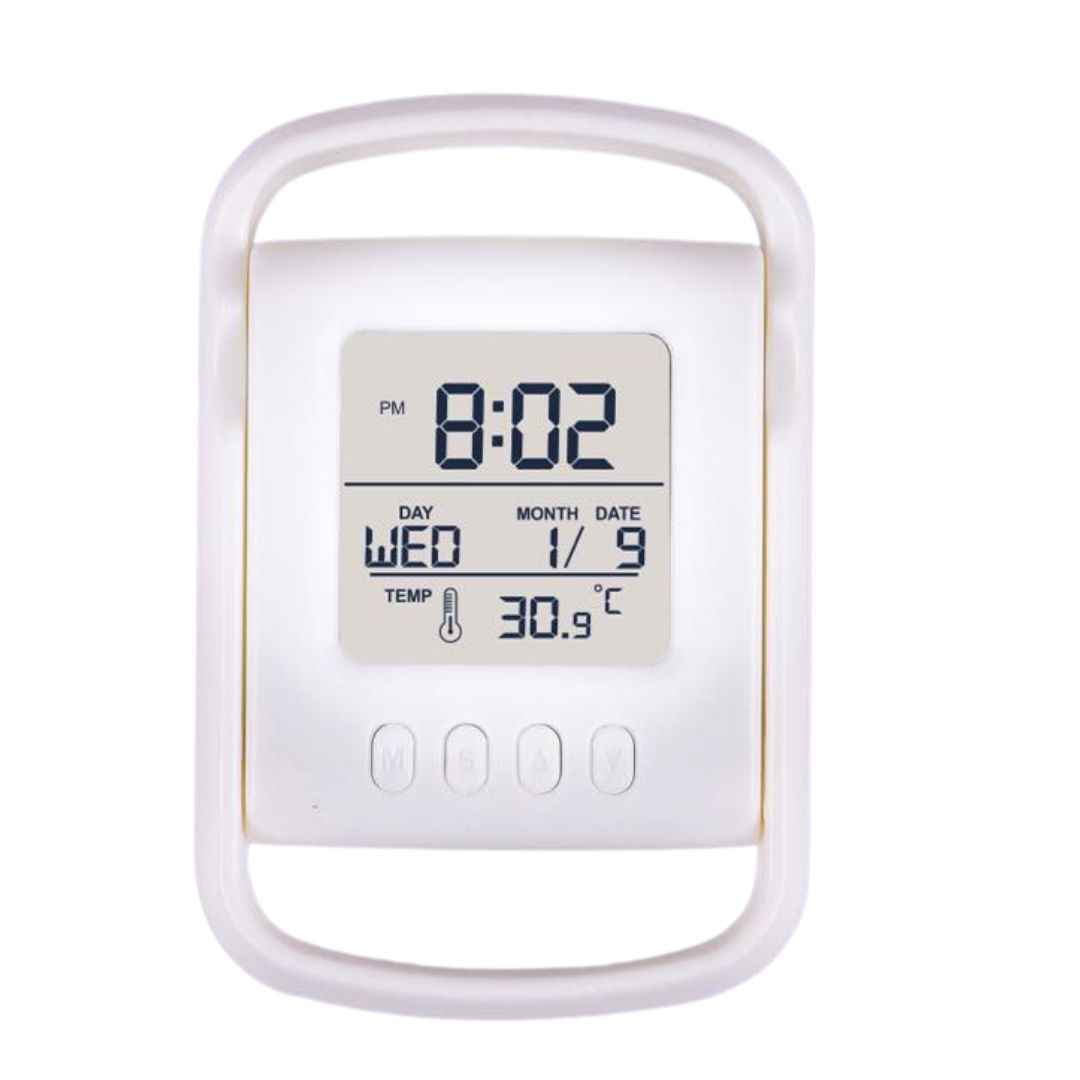Digital folding table clock with time, date, and temperature display