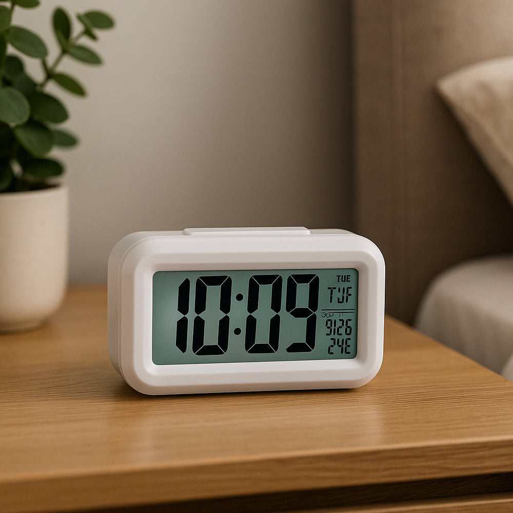 Digital mini clock with temperature display, snooze button, and soft backlight – ideal for bedside or office use.