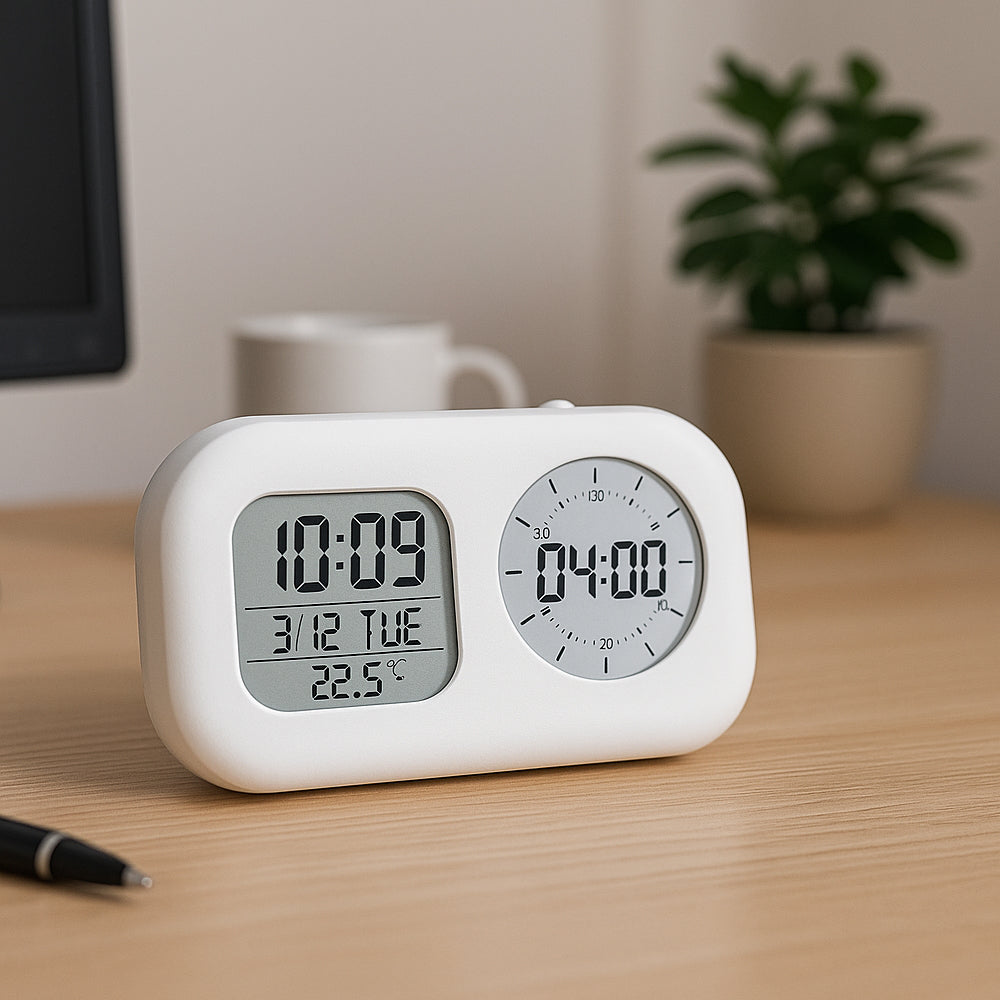 Modern bubble table clock with dual display showing time and timer – perfect for office or home desk