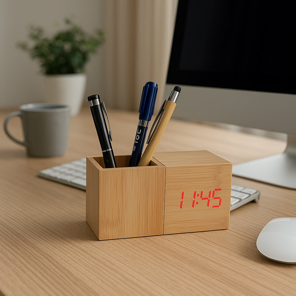 Wooden desk organizer with LED clock and pen holder – eco-friendly office gift