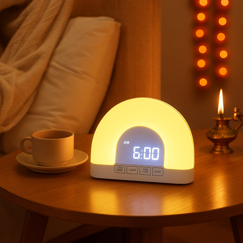 Power Plus Horizon Sunrise Clock with 30-step warm light, bedside lifestyle view