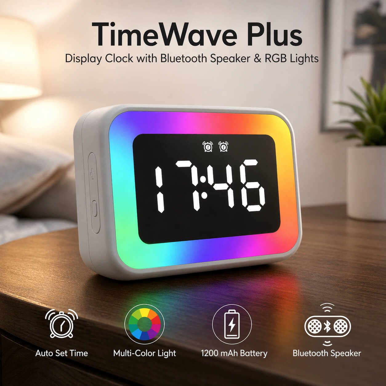 TimeWave Plus: Square display clock with Bluetooth speaker & RGB Lights  — corporate gift
