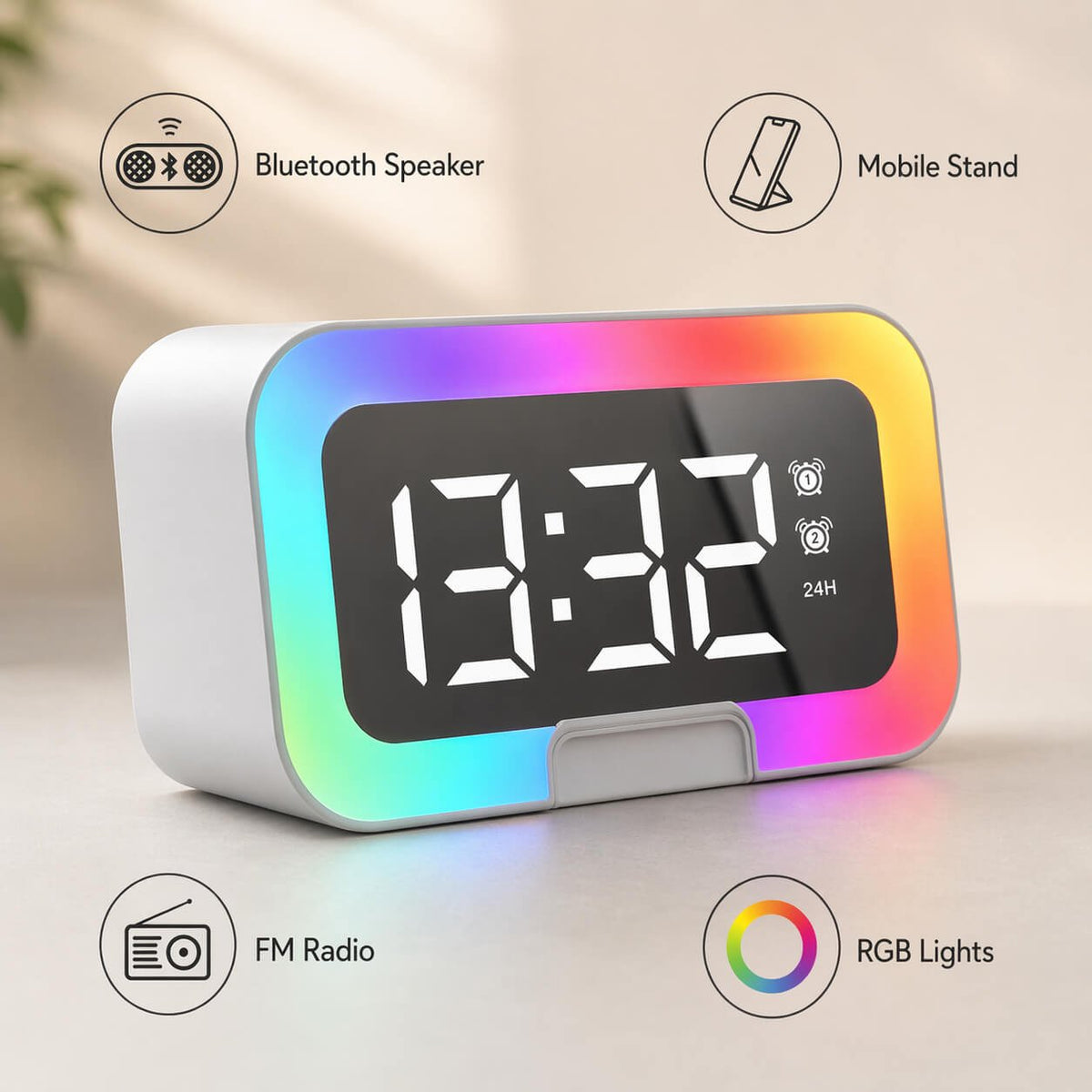 TimeWave Ultra: Large Clock with Bluetooth speaker, Mobile Stand &amp; RGB Lights  — corporate gift