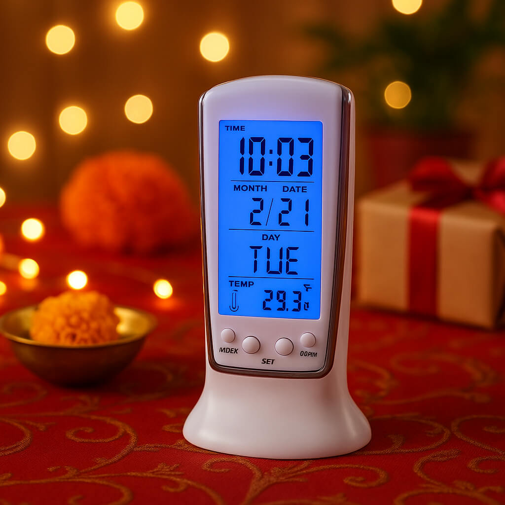 Backlit digital table clock glowing at night on a wooden table with city lights in background