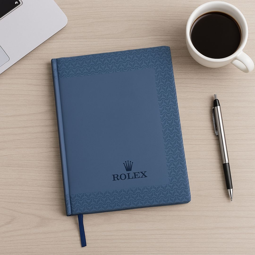 Premium blue Rolex A5 notebook with textured cover, bookmark ribbon, and 160 undated pages