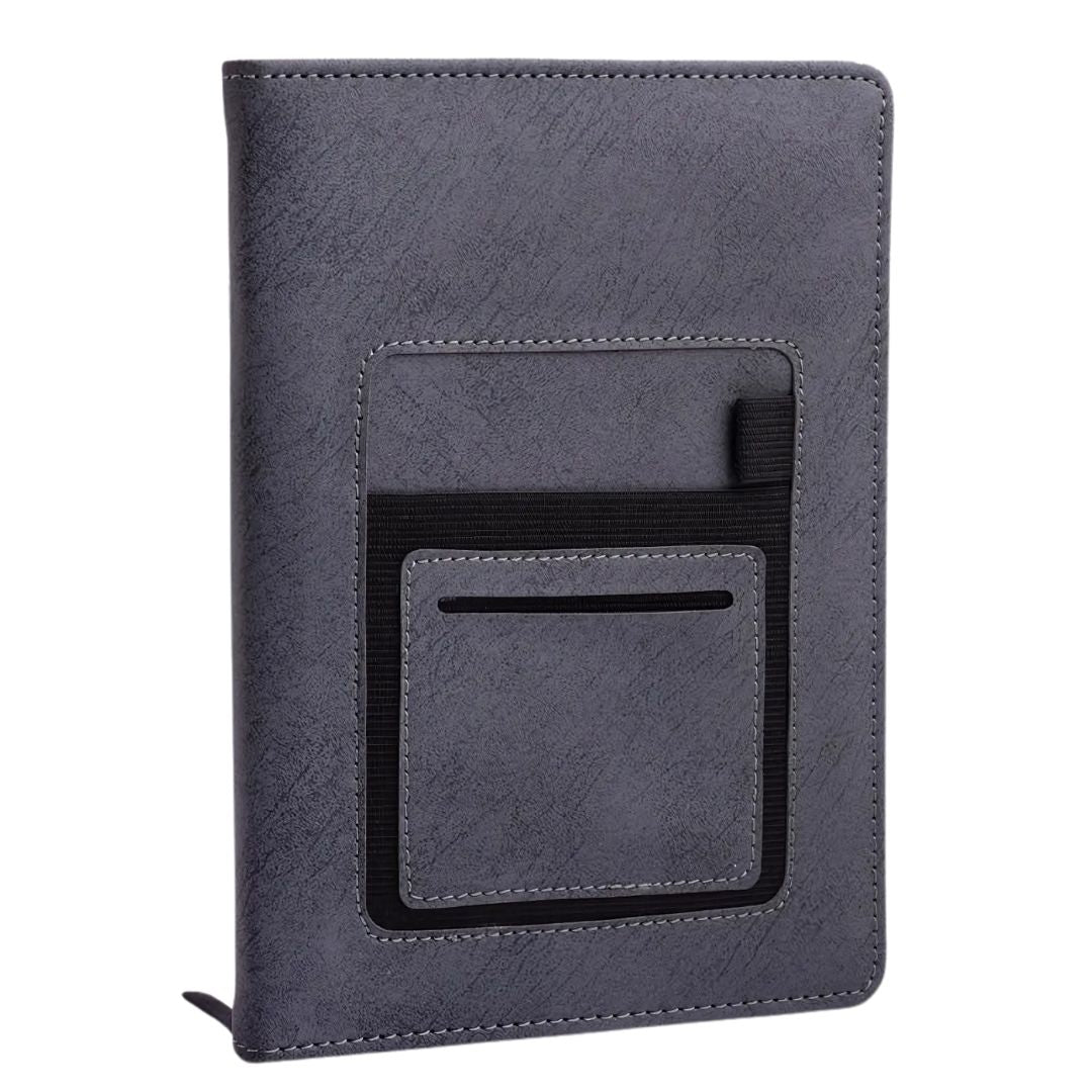 Soft gray A5 notebook with mobile pocket, card holder, and pen loop – lifestyle view