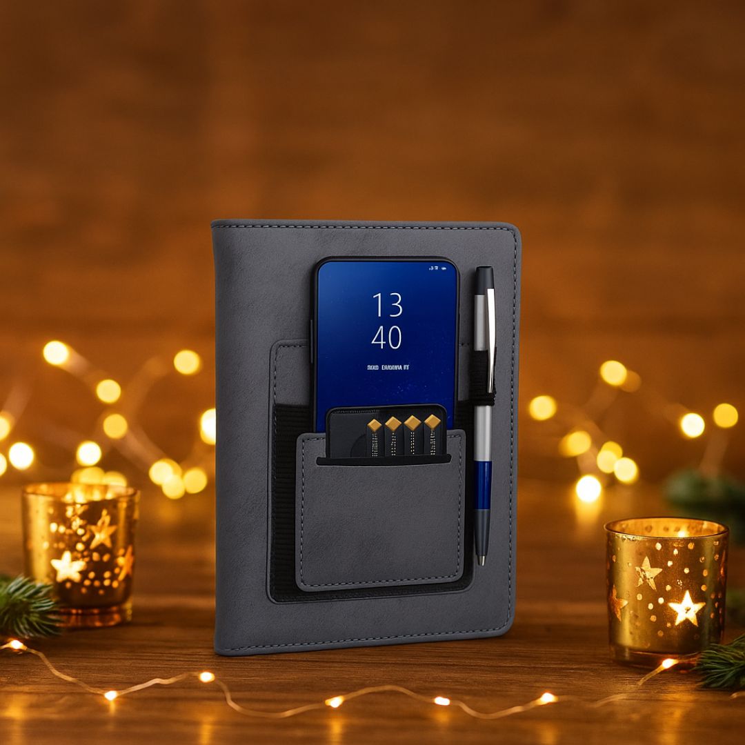 Soft gray A5 notebook with mobile pocket, card holder, and pen loop – lifestyle view