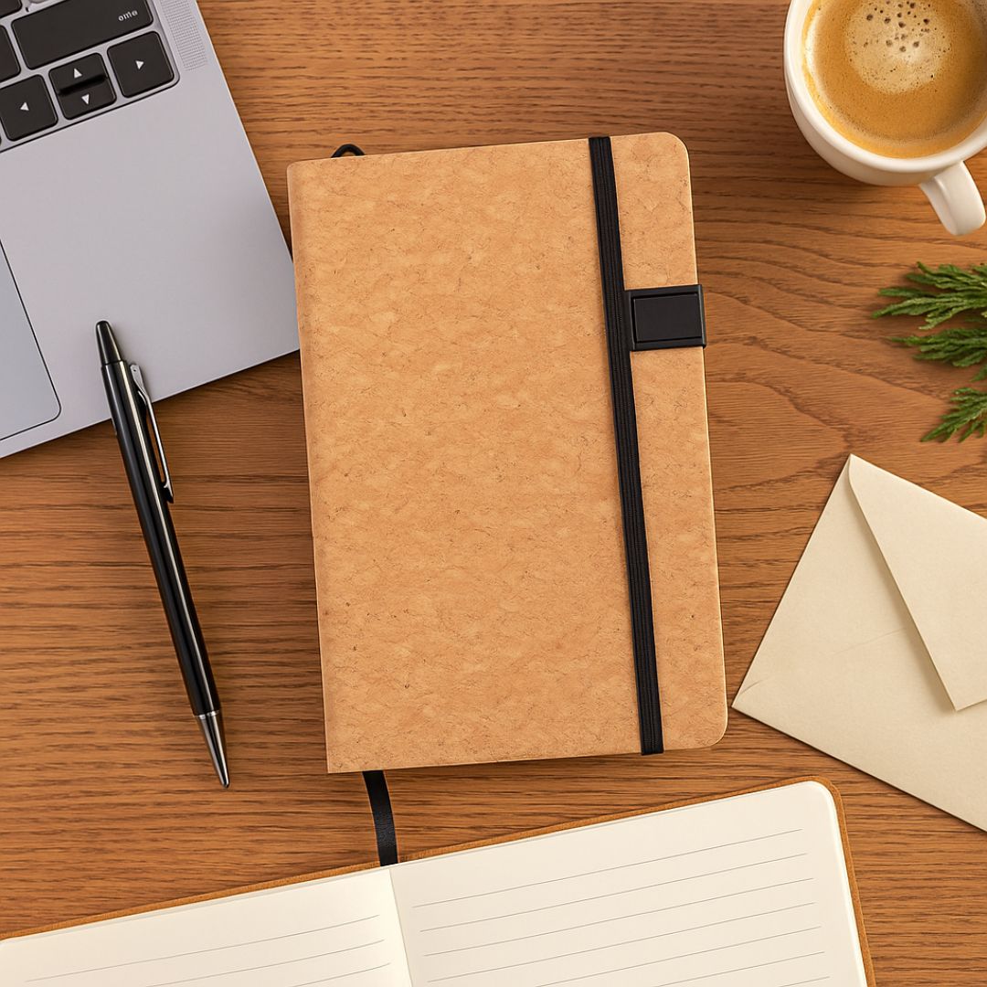 Hard bound cork notebook with elastic fastener, eco-friendly office stationery